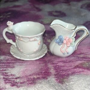 Vintage miniature porcelain Floral Teacup and Pitcher Set
